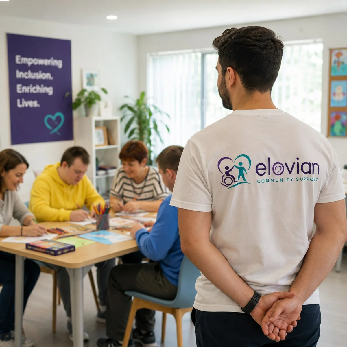 An Elovian Community Supports team member overseeing a group activity with participants