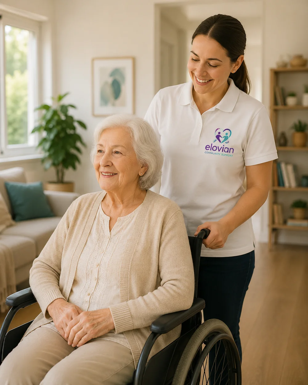 An Elovian Community Supports worker warmly assisting a participant in a wheelchair at home