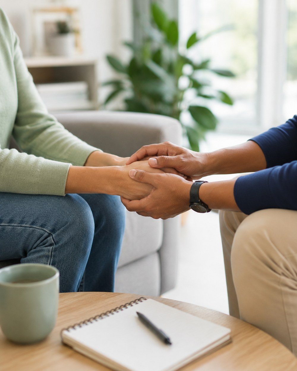Two people holding hands warmly during a support conversation