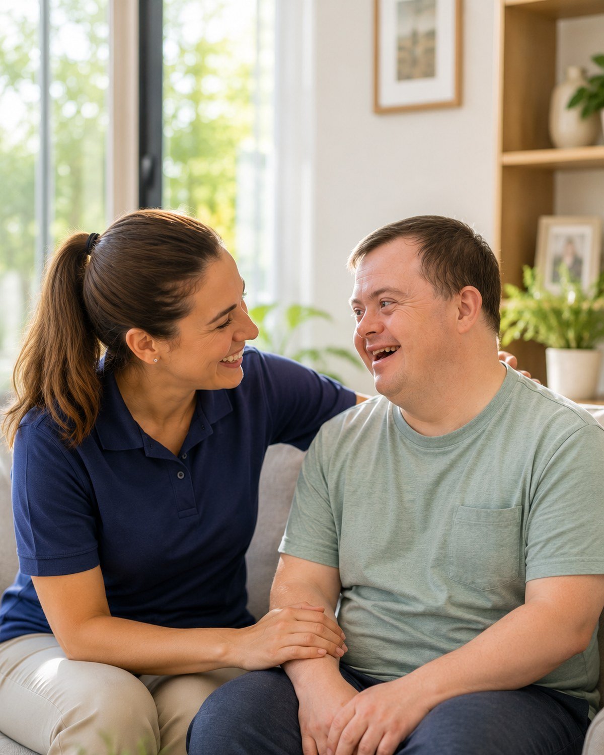 A support worker sharing a laugh with an NDIS participant on the couch at home