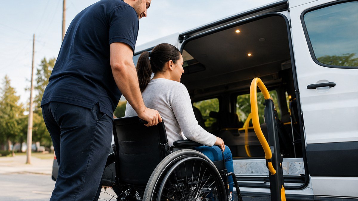 A support worker assisting a participant into an accessible van via a wheelchair ramp